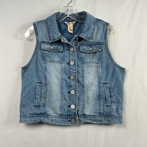 Indigo Rein Denim Vest Womens Large Button Up Collared Sleeveless Pockets